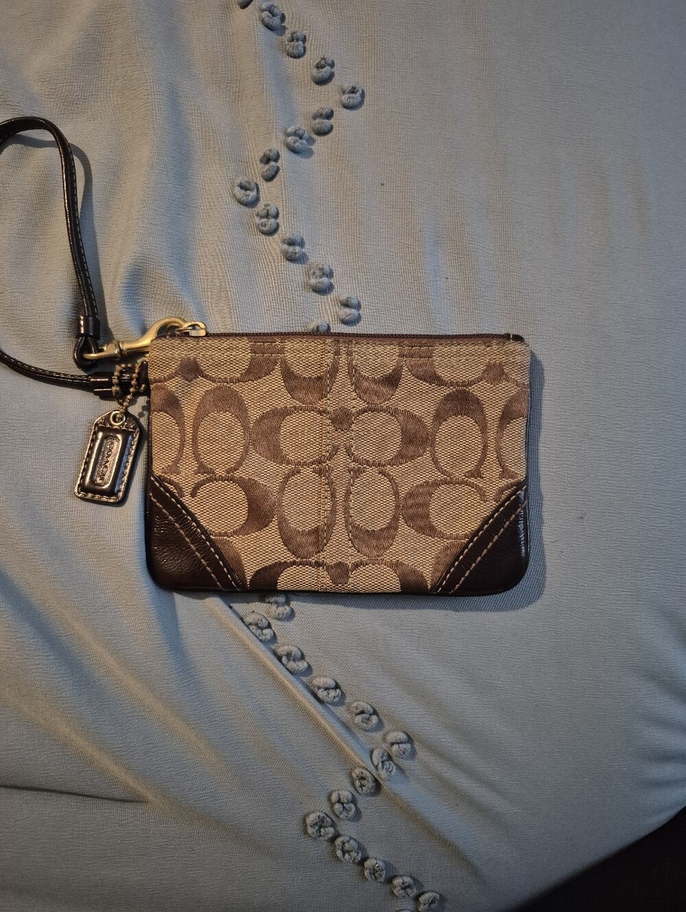 Coach Tan/Brown Signature Canvas Wristlet with Leather Trim